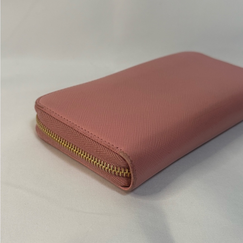 Prada Saffiano Zip Around Wallet Pink Gold Logo Continental - Picture 14 of 15